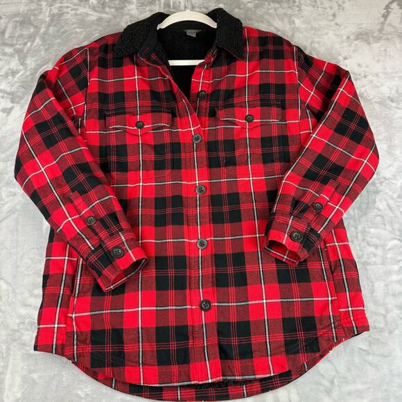 Eddie Bauer Jacket Shacket Womens Medium Red Black Plaid Sherpa Button Up (0735) - Picture 1 of 12